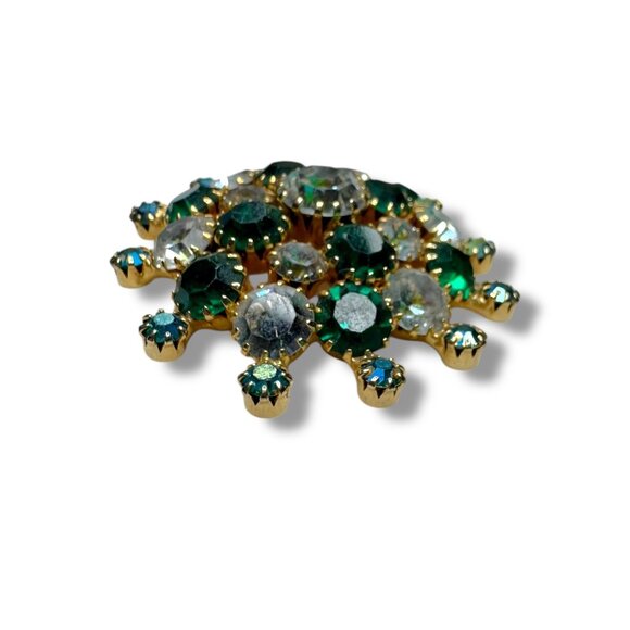 Vintage Gold Tone Brooch Green Clear Aurora Borealis Crystal Stones 2" - Picture 5 of 9